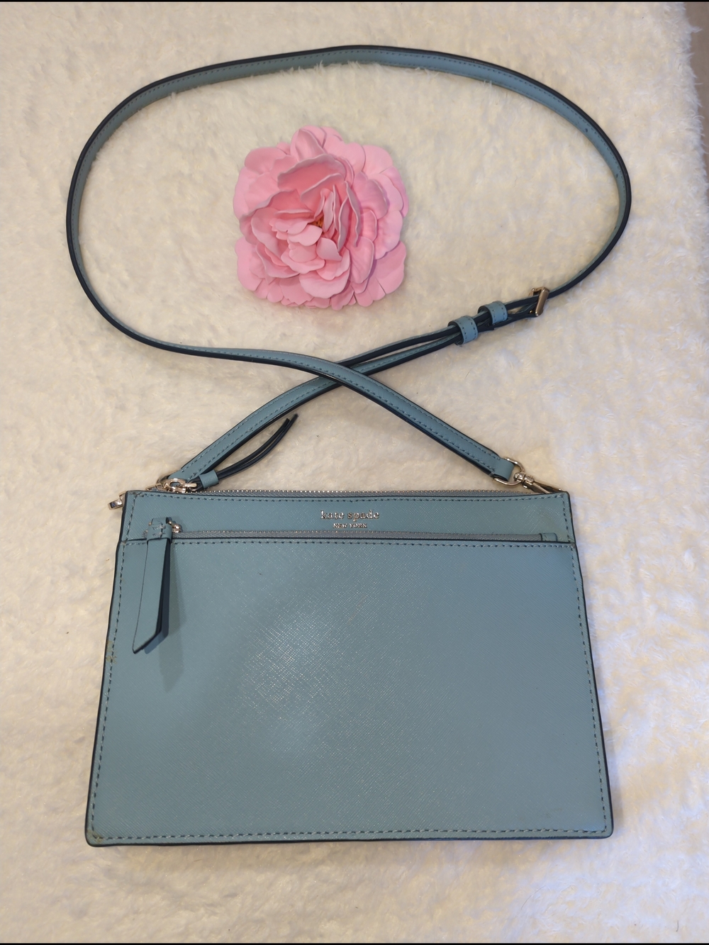 kate spade Powder Blue Saffiano Leather Crossbody Bag With Zips Clean